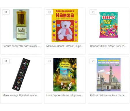 Pack Cadeau Enfant Musulman (3-6 ans) : Nounours + 2 Livres + Parfum Musc + Sachet de bonbon halal et sucette + Mug Alphabet arabe