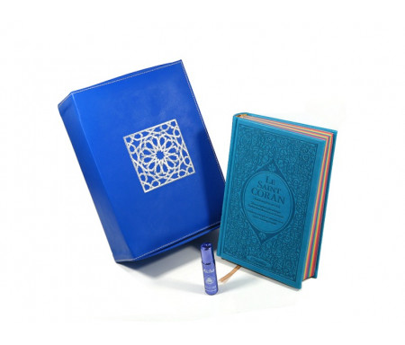 Coffret / Pack Cadeau en cuir bleu : Le Saint Coran Rainbow (français / arabe / phonétique), Coffret artisanal de luxe et parfum