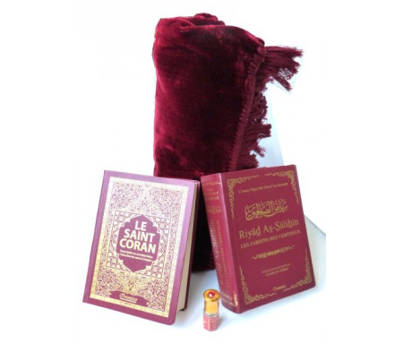 Coffret / Pack Cadeau islam pour homme : Le Saint Coran (arabe-français-phonétique) + Riyâd As-Sâlihîn + Parfum musk Makkah (3ml) + Tapis de prière couleur unie bordeaux