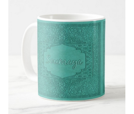 Mug avec prénom personnalisable en calligraphie arabe style "Naskh" (Vert-bleu)