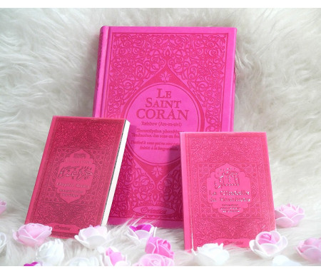 Pack Cadeau rose pour femme musulmane : Le Saint Coran Rainbow, Chapitre Amma et La citadelle du musulman (en français-arabe-phonétique)