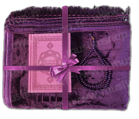 Coffret / Pack Cadeau Mauve pour femme musulmane : Tapis épais molletonné Mauve / Chapelet Tasbih Mauve / Coran arabe-français avec phonétique + CD offert couverture daim format moyen Mauve