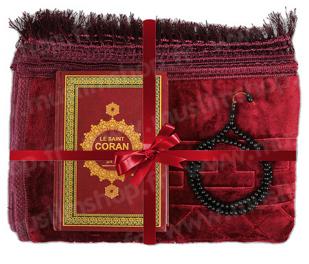 Coffret / Pack Cadeau Bordeau pour femme musulmane : Tapis épais molletonné Bordeau / Chapelet Tasbih Bordeau / Coran arabe-français avec phonétique + CD offert couverture daim format moyen Bordeau et doré