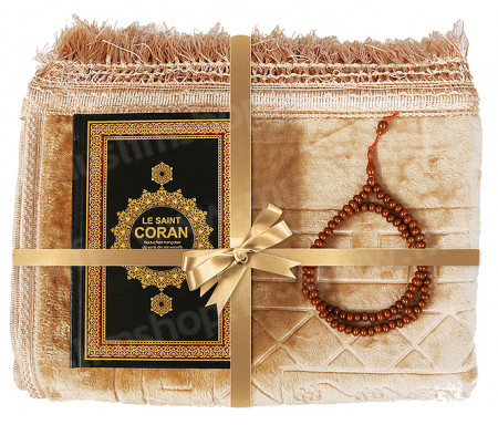 Coffret / Pack Cadeau Beige pour Homme et Femme : Tapis épais molletonné Beige / Chapelet Tasbih Marron / Coran arabe-français avec couverture cuir format moyen Noir et doré