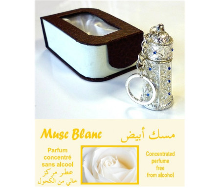 Parfum "Musc Blanc" en bouteille porte-clé métallique argentée avec boite cadeau