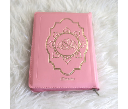 Le Saint Coran en langue arabe avec fermeture Zip - Grand format (14 x 20 cm) - Couleur rose clair