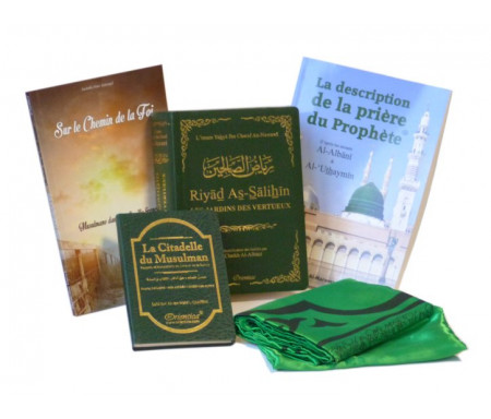 Pack cadeaux Convertis Vert : Riyâd As-Sâlihîn - Les Jardins des Vertueux, Sur le chemin de la foi, La description de la prière et Tapis de poche pliable 