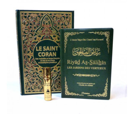 Pack Coran (arabe - français - phonétique) + Riyâd As-Sâlihîn - Les Jardins des Vertueux (bilingue) + Parfum concentré Musc d'Or (Edition de Luxe) "Golden Stars"