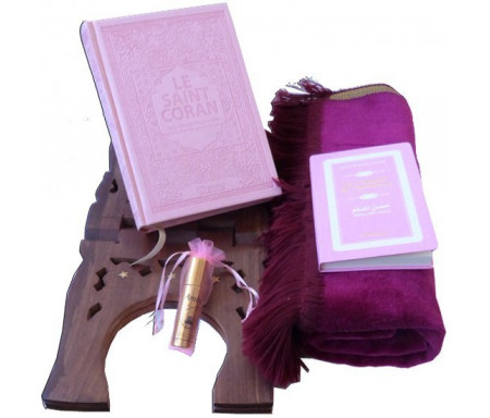 Pack Cadeau De Luxe Rose pour Femmes : Le Saint Coran et la Citadelle du musulman (français/arabe/phonétique) + Tapis de prière + Porte Coran en bois sculpté + Parfum Musc d'Or Amira (8 ml) et son étui