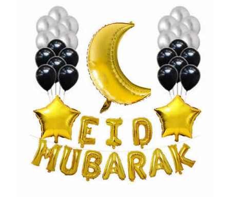 Kit de 28 pièces Spécial Eïd Mubarak avec 10 Lettres 1 Lune 1 Etoile 4 Cœurs et 12 ballons gris Chics