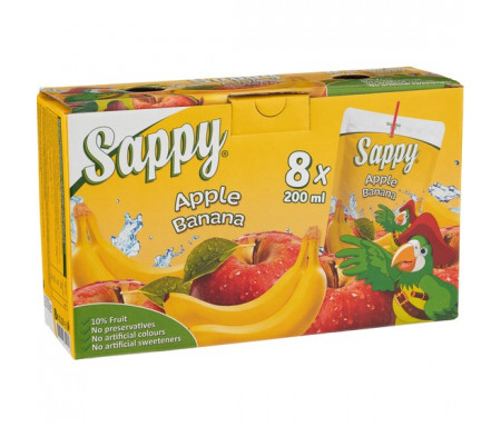 Boisson Pomme Banane Sappy aux fruits et Vitamines 20cl x 8 (sans Sucre ajouté, colorant ni conservateurs)