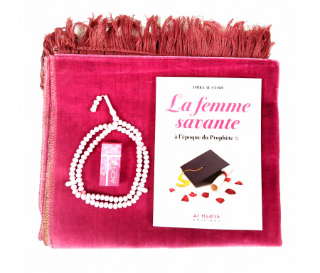 Coffret / Pack cadeau prière pour femme : Tapis rose, Livre femme savante, Parfum Musc et chapelet perles