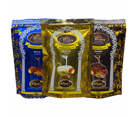 Packs de 3 Sachets Dattes enrobées de Chocolat au Lait, Noir, Blanc avec Amandes 3 x 00gr