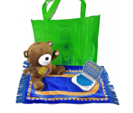 Pack Cadeau Enfant musulman : Nounours Salah - Tapis prière bébé et Jeu ordinateur Al-Muallim (Bleu pour garçon)