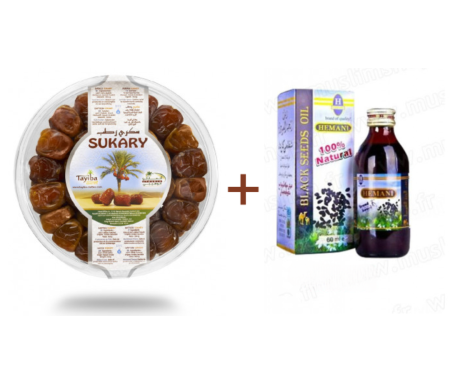 Pack Huile de nigelle 60ml + Dattes Sukary (Sokary) fraîches d'Arabie Saoudite 600gr