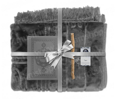 Coffret Pack Cadeau Gris pour Homme ou Femme : Tapis épais molletonné Gris / Coran arabe-français avec phonétique avec couverture cuir / Parfum et Miswak