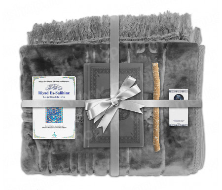 Coffret Pack Cadeau Gris pour Homme ou Femme : Tapis épais molletonné Gris / Coran arabe-français avec phonétique couverture cuir Gris / Riyad Es-Salihine / Parfum et Miswak