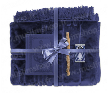 Coffret Pack Cadeau Marron pour Homme : Tapis épais molletonné Bleu / Coran arabe-français avec phonétique et couverture cuir Bleu / Parfum et Miswak