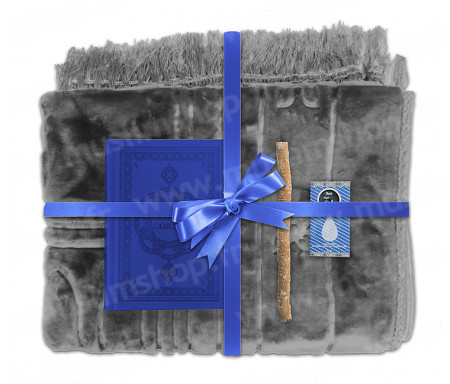 Coffret Pack Cadeau Marron pour Homme : Tapis épais molletonné Gris / Coran arabe-français avec phonétique et couverture cuir Bleu / Parfum et Miswak
