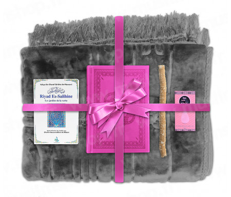 Coffret Pack Cadeau Gris pour Femme : Tapis épais molletonné Gris / Coran arabe-français avec phonétique couverture cuir Rose / Riyad Es-Salihine / Parfum et Miswak