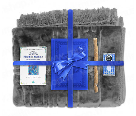 Coffret Pack Cadeau Gris et Bleu pour Homme : Tapis épais molletonné Gris / Coran arabe-français avec phonétique couverture cuir Bleu / Riyad Es-Salihine / Parfum et Miswak