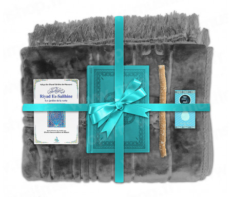 Coffret Pack Cadeau Gris et Turquoise pour Homme ou Femme : Tapis épais molletonné Gris / Coran arabe-français avec phonétique couverture cuir Turquoise / Riyad Es-Salihine / Parfum et Miswak