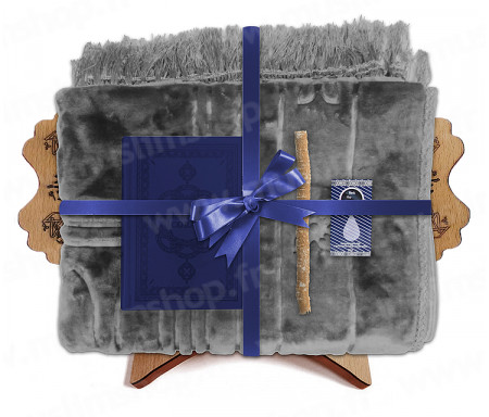 Coffret Pack Cadeau pour Homme : Tapis épais molletonné Gris / Coran arabe-français avec phonétique et couverture cuir Bleu / Parfum et Miswak
