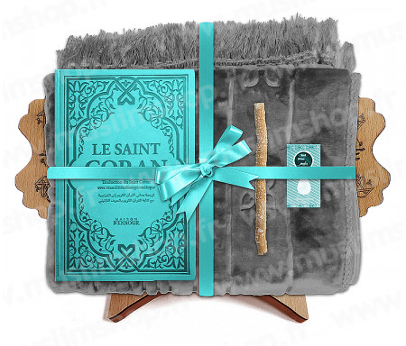 Coffret Pack Cadeau pour Homme : Tapis épais molletonné Gris / Coran Rainbow arabe-français avec phonétique et couverture cuir Turquoise / Parfum / Miswak et Porte Coran