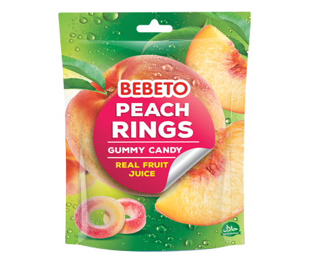 Bonbons Halal Peach Rings (Anneaux de Pèche) Gummy avec du vrai Jus de Fruit - Bebeto - Sachet 150gr