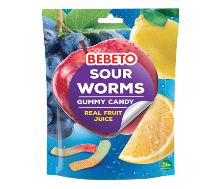 Bonbons Halal Sour Worms (Vers de terre) - Fabriqué avec du vrai Jus de Fruit - Sachet 150gr