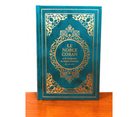 Le Noble Coran et la traduction en langue française de ses sens (bilingue français / arabe) - Edition de luxe couverture cartonnée en daim couleur Bleu Caraïbes dorée