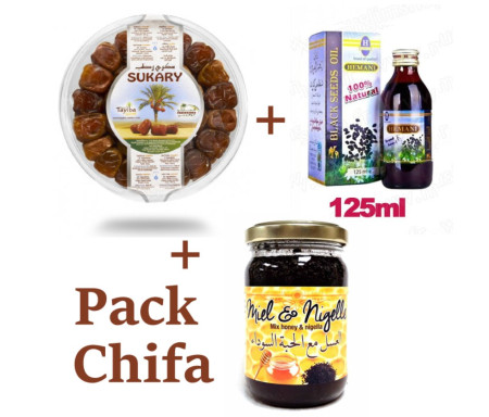 Pack Huile de nigelle 60ml + Dattes Sukary (Sokary) fraîches d'Arabie Saoudite 600gr + Miel à la graine Nigelle Habba Sawda 250g