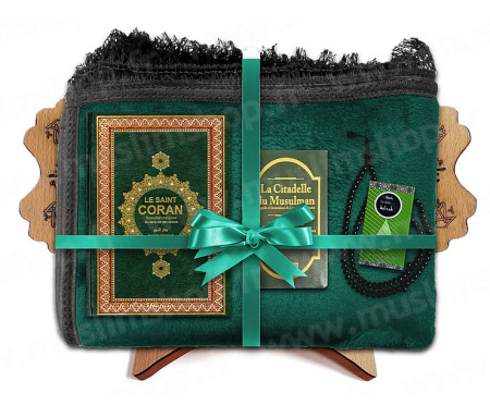 Coffret Pack Cadeau Mixte : Tapis épais molletonné Vert / Coran Arabe-français et couverture cuir / Parfum et Chapelet