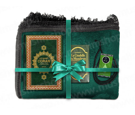 Coffret Pack Cadeau Mixte : Tapis épais molletonné Vert / Coran Arabe-français et couverture cuir / Parfum et Chapelet