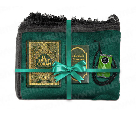 Coffret Pack Cadeau Mixte : Tapis épais molletonné Vert / Coran Arabe-français avec phonétique et couverture cuir / Parfum et Chapelet