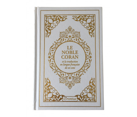 Le Noble Coran bilingue français/arabe avec index des sourates sur le côté - Edition de luxe couverture cartonnée en cuir couleur Blanc doré