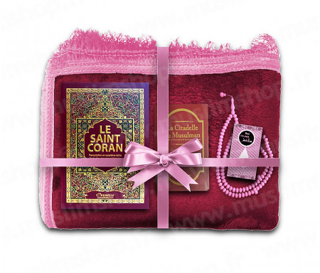 Coffret Pack Cadeau pour Femme : Tapis épais molletonné Grenat / Coran Arabe-français avec phonétique et couverture Rigide cuir / La Citadelle du Musulman / Parfum et Chapelet