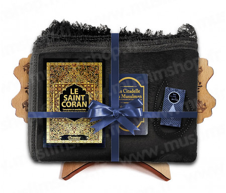 Coffret Pack Cadeau pour Homme : Tapis épais molletonné Noir / Coran Arabe-français avec phonétique et couverture Rigide cuir / La Citadelle du Musulman / Parfum / Porte-Coran et Chapelet