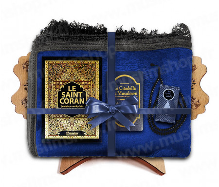 Coffret Pack Cadeau pour Homme : Tapis épais molletonné Noir / Coran Arabe-français avec phonétique et couverture Rigide cuir / La Citadelle du Musulman / Parfum / Porte-Coran et Chapelet