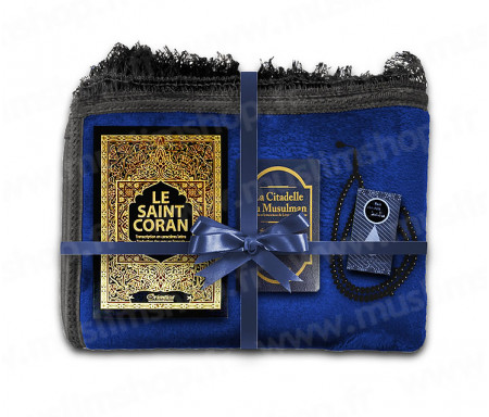 Coffret Pack Cadeau pour Homme : Tapis épais molletonné Noir / Coran Arabe-français avec phonétique et couverture Rigide cuir / La Citadelle du Musulman / Parfum et Chapelet