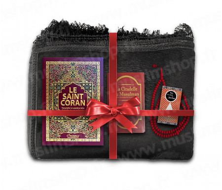 Coffret Pack Cadeau Mixte : Tapis épais molletonné Noir / Coran Arabe-français avec phonétique et couverture Rigide cuir / La Citadelle du Musulman / Parfum / Porte-Coran et Chapelet