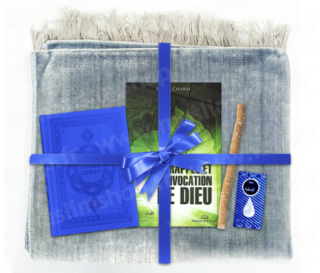 Coffret Pack Cadeau pour Homme : Tapis de Prière Velours Gris / Le Rappel et l'Invocation de Dieu / Coran arabe-français avec phonétique et couverture cuir Bleu / Parfum et Miswak