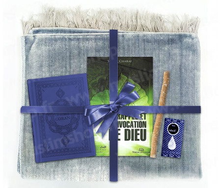 Coffret Pack Cadeau pour Homme : Tapis de Prière Velours Gris / Le Rappel et l'Invocation de Dieu / Coran arabe-français avec phonétique et couverture cuir Bleu / Parfum et Miswak