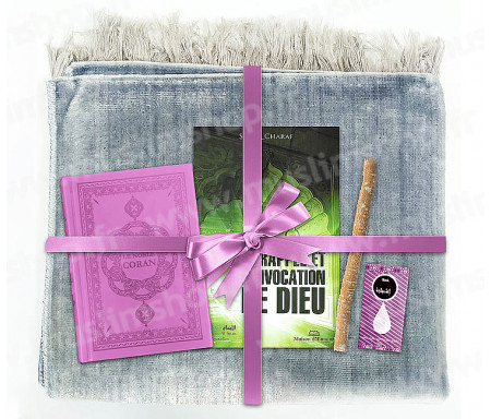 Coffret Pack Cadeau Gris et Mauve pour Femme : Tapis de Prière Velours Gris / Le Rappel et l'Invocation de Dieu / Coran arabe-français avec phonétique avec couverture cuir Mauve / Parfum et Miswak