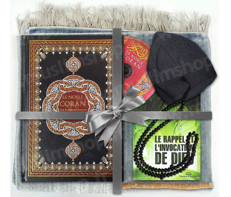 Coffret Pack Cadeau Gris foncé pour Homme : Tapis de Prière Velours Gris / Le Rappel et l'Invocation de Dieu / Chapelet Tasbih Noir / Coran arabe-français avec couverture cuir format moyen Noir et doré + CD audio de récitation / Parfum / Chachia et Miswak