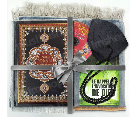 Coffret Pack Cadeau Gris foncé pour Homme : Tapis de Prière Velours Gris / Le Rappel et l'Invocation de Dieu / Chapelet Tasbih Noir / Coran arabe-français avec couverture cuir grand format Noir et doré + CD audio de récitation / Parfum / Chachia et Miswak