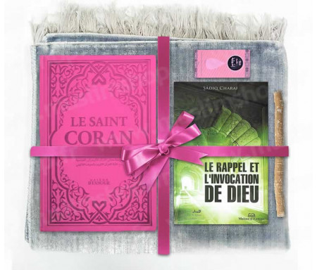 Coffret Pack Cadeau Gris et Rose pour Femme : Tapis de Prière Velours Gris / Le Rappel et l'Invocation de Dieu / Coran Rainbow arabe-français avec phonétique avec couverture cuir Mauve / Parfum et Miswak