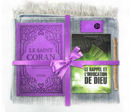 Coffret Pack Cadeau Gris et Violet pour Femme : Tapis de Prière Velours Gris / Le Rappel et l'Invocation de Dieu / Coran Rainbow arabe-français avec phonétique avec couverture cuir Violet / Parfum et Miswak