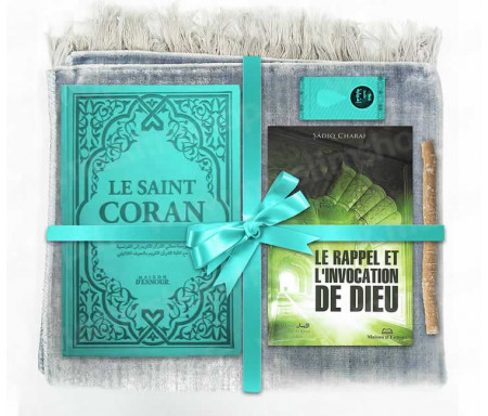 Coffret Pack Cadeau Gris et Turquoise pour Homme : Tapis de Prière Velours Gris / Le Rappel et l'Invocation de Dieu / Coran Rainbow arabe-français avec phonétique avec couverture cuir Turquoise / Parfum et Miswak