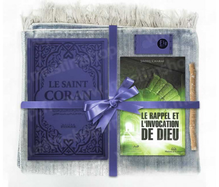 Coffret Pack Cadeau Gris et Bleu Nuit pour Homme : Tapis de Prière Velours Gris / Le Rappel et l'Invocation de Dieu / Coran Rainbow arabe-français avec phonétique avec couverture cuir Bleu Nuit / Parfum et Miswak